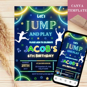 Jump-verjaardagsuitnodiging, Jump Invite, Trampolinefeest, Bounce House, Let's Jump Party, Trampolinepark, Tie Dye Jump, Bewerkbaar Canva
