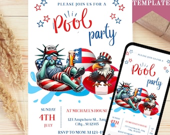 4th of July Pool Party Invitation, Independence Day Pool Party Patriotic Invite, Editable Template, Instant Download PDF, JPG, PNG