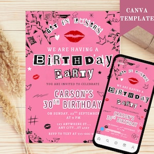 Invitación de cumpleaños inspirada en Chicas Pesadas, Fiesta de Noche de Chicas Pesadas, Invitación rosa de Chicas Pesadas para Noche de Chicas, Plantilla editable de Canva