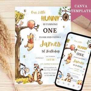 Invito di compleanno di Winne the Pooh, invito classico di Winnie the Pooh, invito del primo compleanno di Winnie the Pooh, invito di compleanno vintage di Winnie the Pooh