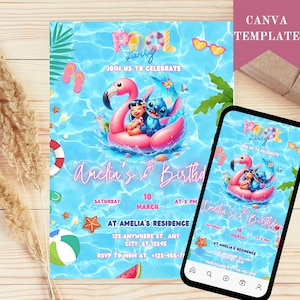 Stitch Pool Party Birthday Invitation For Girl, Editable Stitch and Angel Pool Invitation, Hawaii Party Birthday Invitation Girl Party