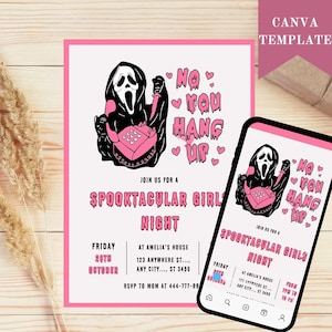 May include: A pink and white invitation for a "Spooktacular Girl Night" with a Scream mask graphic holding a pink phone. The invitation includes the date, time, and location. A smartphone displays the same design.