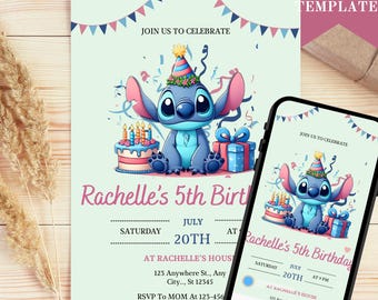 Stitch Birthday Invitation: Editable Party Invite, Canva Template (Digital Download)