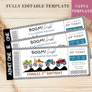 May include: Three monster truck bash tickets with the text "BOOM! Crash! It's a Monster Truck Bash". The tickets feature illustrations of colorful monster trucks and the text "CHARLES 3RD BIRTHDAY". The tickets also include VIP ticket details.