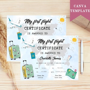 May include: A printable certificate for a child's first flight. The certificate is blue and white with a world map background. It features a plane, a suitcase, and a sun. The text reads "My first flight certificate is awarded to Charlotte James who bravely and successfully completed her first flight from Germany to Pakistan with Turkish Airlines on 5/9/2025".