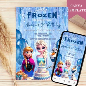 Frozen verjaardagsuitnodiging, bewerkbare Frozen feestuitnodiging voor Elsa, wintersneeuw verjaardag afdrukbare bewerkbare, Instant Download, Canva-sjabloon