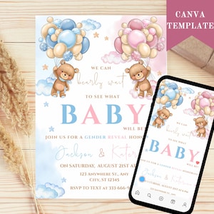 Invito modificabile per baby shower "Gender Revel Bear", invito per baby shower "We Can Bearly Wait" per bambina e bambino, invito per baby shower "Rosa, Blu e Boho Bear"