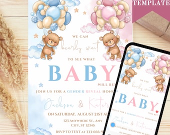 Editable Gender Revel Bear Baby Shower Invitation, Girl Boy We Can Bearly Wait Baby Shower Invite, Pink Blue Boho Bear Shower  Invite