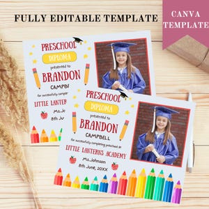 Bearbeitbares Vorschuldiplom mit Foto, Abschlusszertifikat, personalisiertes Schulschild, druckbares 10x8-Schild, PreK Grad-Vorlage, Canva