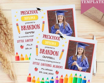 Editable Preschool Diploma With Photo, Graduation Certificate, Personalized School Sign, Printable 10x8 Sign, PreK Grad Template, Canva