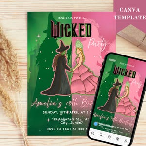 Op de afbeelding: Een printbare uitnodiging voor een Wicked-themafeest. De uitnodiging heeft een groene en roze achtergrond met silhouetten van de Wicked Witch of the West en Elphaba. De tekst luidt "Join us for a Wicked Party" en "Amelia's 10th Birthday".