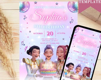 Kpop Demon Hunters Birthday Invitation, Huntrix Golden White (Digital Download)