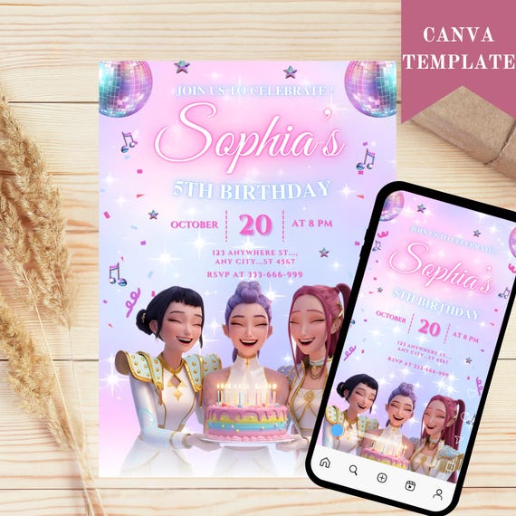 Kpop Demon Hunters Birthday Invitation, Huntrix Golden White (Digital Download)