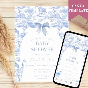 Blue Toile Safari Baby Shower Invitation, Safari Animal Baby Boy Shower Digital Invite, Toile de Jouy Baby Shower Invite Dusty Blue Safari