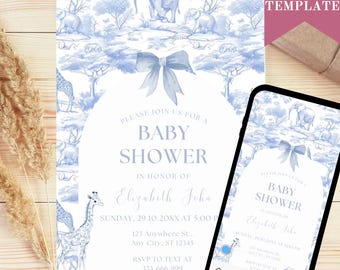 Invitación para baby shower con diseño de safari en tela azul: descarga digital