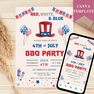 Modello modificabile per invito del 4 luglio, invito stampabile per barbecue del 4 luglio, invito per il Giorno dell'Indipendenza, invito elettronico digitale per feste negli Stati Uniti