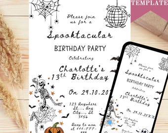 May include: A Halloween-themed birthday party invitation with the text "Spooktacular Birthday Party" and "Charlotte's 13th Birthday." The design includes spiderwebs, bats, skeletons, a disco ball, and a jack-o'-lantern. A smartphone displays the invitation.