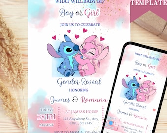 Editable Stitch Gender Reveal Invitation Template, Printable Pink Blue Stitch Baby Shower Invites, Angel Stitch Gender Reveal Evites Canva