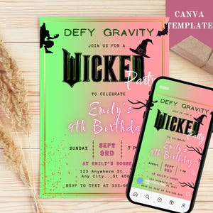 Wicked Partyeinladung für Mädchen, Party-Thema bearbeitbar einladen, Rosa und Grün WICKED Kinokarte, Elphaba & Glinda-Thema, Canva-Vorlage
