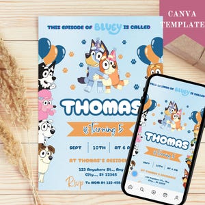 Modello di invito per il compleanno di Bluey, invito digitale per la festa di Bluey Boy, tema di compleanno di Bluey, invito per il compleanno di Boy Bluey