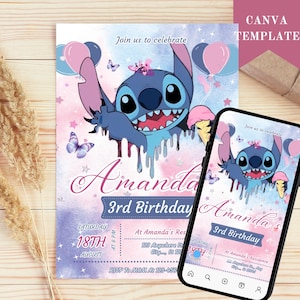 Bearbeitbare Stitch-Geburtstagsfeier-Einladungsvorlage, Cartoon-Geburtstagseinladung, Stitch-Geburtstags-pool-Partyeinladung, Stitch-Bday-Evite