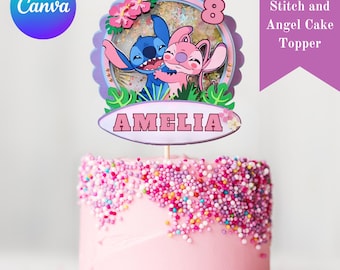 Bewerkbare verjaardagstaarttopper met steek en engel (afdrukbaar)