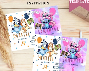 Invitación de cumpleaños para hermanos editable, invitación doble de cumpleaños, invitación doble para gemelos, invitación doble para niño y niña, editable con Canva.