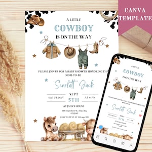 May include: Baby shower invitation with a cowboy theme. The invitation features a light blue and brown color scheme with illustrations of cowboy attire, a horse, and a cow. The text reads "A Little Cowboy is on the Way."