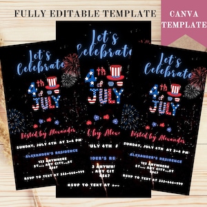 4. Juli Einladung mit Feuerwerk. Digitaler Unabhängigkeitstag Party einladen. Animiertes Grillfest oder Lagerfeuer Feier eVite. DIY bearbeitbare Vorlage
