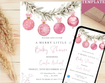 May include: A baby shower invitation with pink ornaments, greenery, and text. The invitation reads "A Merry Little Baby Shower" honoring Emilia Michael. The date and time are also included. A smartphone displays the invitation.