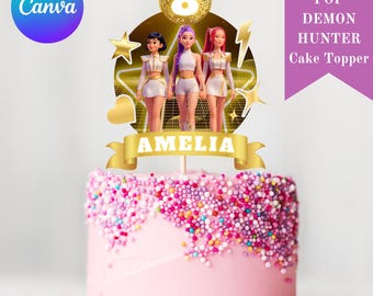 Editable Kpop Demon Hunters Cake Topper, Huntrix Birthday Party (Canva Template)