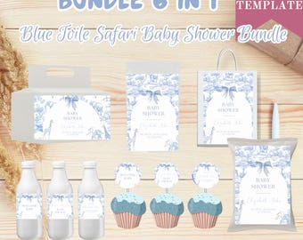 Blue Toile Safari Baby Shower Bundle: Printable Decorations (Digital Download)