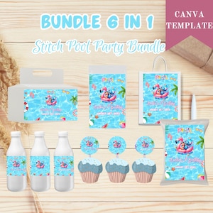 Stitch Pool Party Bundle for Girls, 6-in-1 Stitch Summer Birthday Set, Custom Printable Favor Labels, Stitch Pool Party Invitation