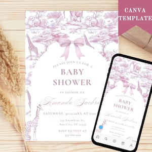 Pink Toile Safari Baby Shower Invitation Set, Safari Animal Baby Girl Shower Digital Invite, Toile de Jouy Baby Shower Invite vintage Safari