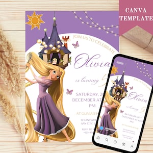 Editable Template Rapunzel Birthday Invitation, Princess Birthday Invitation, Princess Digital Invitation, Birthday Invitation Digital