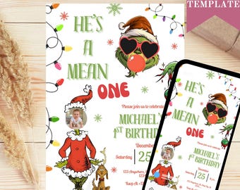 Op de afbeelding: Een uitnodiging voor een verjaardag met Grinch-thema met de tekst "HE'S A MEAN ONE" en "MICHAEL'S 1ST BIRTHDAY". Het ontwerp bevat Grinch-illustraties, kerstverlichting en een babyfoto. De uitnodiging wordt op een telefoonscherm getoond.