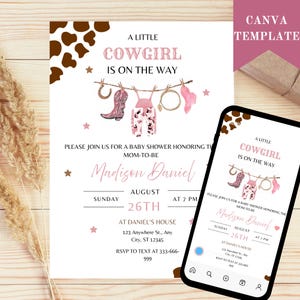 Editable Little Cowgirl Baby Shower Invitation, Girl Baby Clothes Baby Shower Invite, Pink Rodeo Baby Shower Invitation, Editable Template