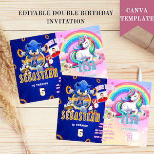Sibling Birthday Invitation: Sonic & Unicorn Theme (Editable Canva Template)