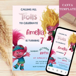 Editable Trolls Birthday Invitation: Poppy Party Invite (Digital Download, 5x7&quot; and Mobile Size Included)