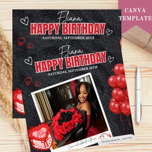 May include: Black and red birthday party invitation with the name Eliana and the text "Happy Birthday" and "Saturday, September 20th". A photo of a person holding a bouquet of red roses is in the bottom right corner. The text "Come and celebrate with me" and an address are at the bottom of the invitation.