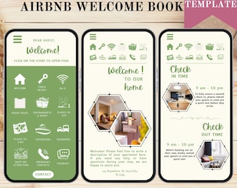 May include: A digital Airbnb welcome book template on a smartphone screen. The template includes sections for welcome, check-in, house rules, and local attractions. The text "Welcome!" and "Fully Editable Template" are visible.