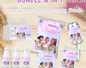 May include: A bundle of party supplies with a K-pop theme. The set includes a box, bottles, a bag of chips, a can, and a small packet, all featuring a birthday design with the text "Happy Birthday Sophia's Turns 5". The image has a pink and purple color scheme.