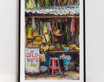 Trinidad Market Print – Afro-Caribbean Digital Art | Female Vendor Scene | Caribbean Wall Art | Cold Nuts Stand Download