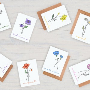 Set von 12 monatlichen Aquarell Blumen Karten | Thinking Of You, Brieffreundschaft Kit, Karten für Enkelkinder, In Kontakt bleiben, Geburtsmonat Blumen
