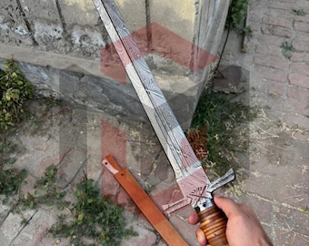Réplica de espada vikinga de acero de Damasco, hecha a mano y personalizada: 32" con funda de cuero