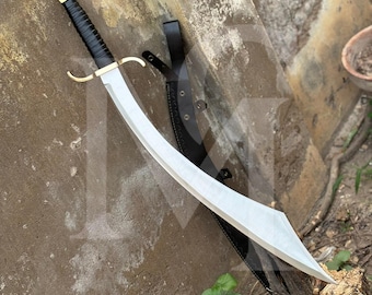 32-calowy miecz wikingów typu scimitar, rękojeść z mosiądzu węglowego, skórzana pochwa
