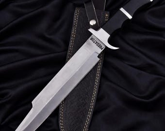 Handgjord replika av D2-ståls Predator-kniv med läderslida, Bowie-kniv, campingkniv, samlargåva, filmrekvisita
