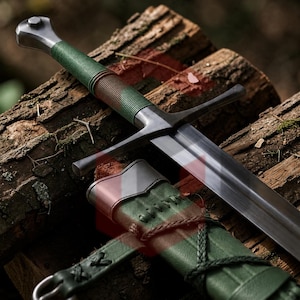 May include: A steel sword with a double-edged blade and a crossguard. The handle is wrapped in alternating bands of green and brown cord. A matching green leather scabbard with brown leather accents and braided cord lacing lies beneath the sword.