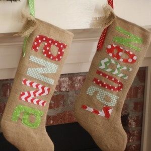 Personalized Stocking, Burlap, Traditional Christmas Colors, fully lined