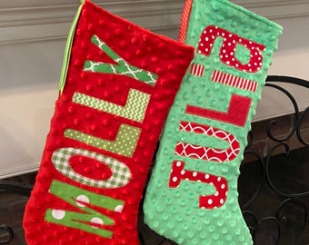 Colorful Christmas Stocking, Personalized, Minky Dot, pick your colors